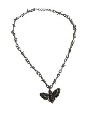 Moth Pendant Barbed Wire Chain Necklace - Silver